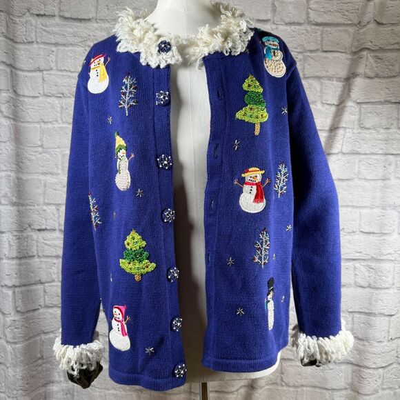 VTG Storybook Knits Snowman Wonderland Christmas Sweater Women's Small Cardigan - Picture 2 of 15